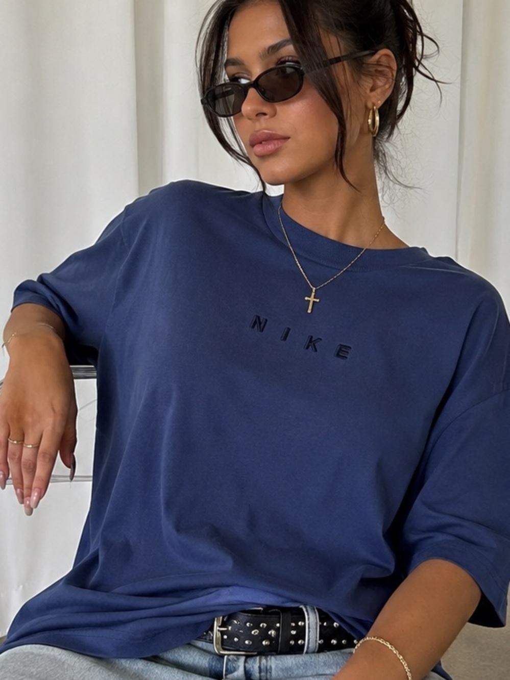 Nike Women's Navy Oversized Logo Short Sleeve Tee